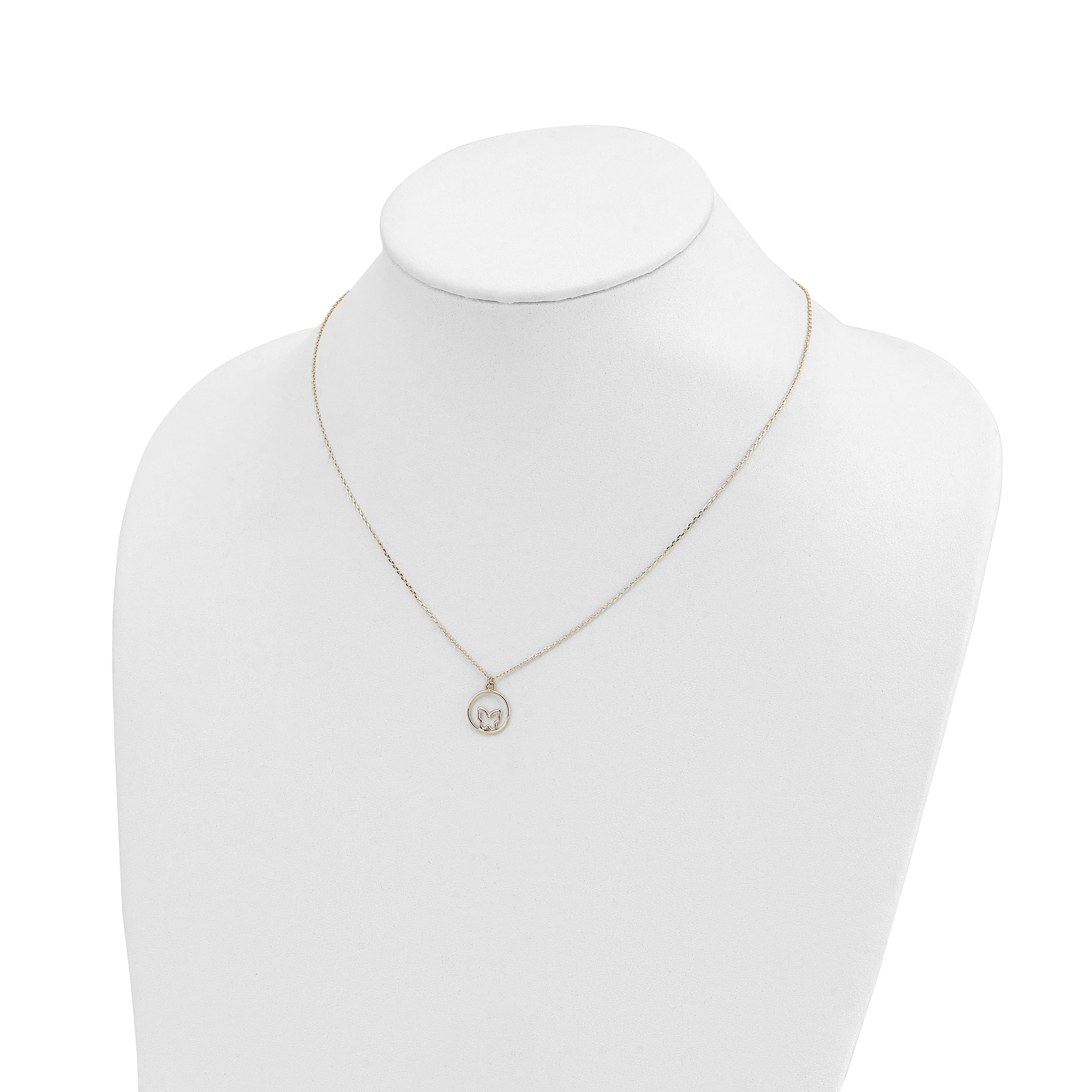 14k Yellow Gold, White Rhodium Polished Finish Butterfly in Circle Design Pendant in a 18-inch Cable Chain Necklace Set