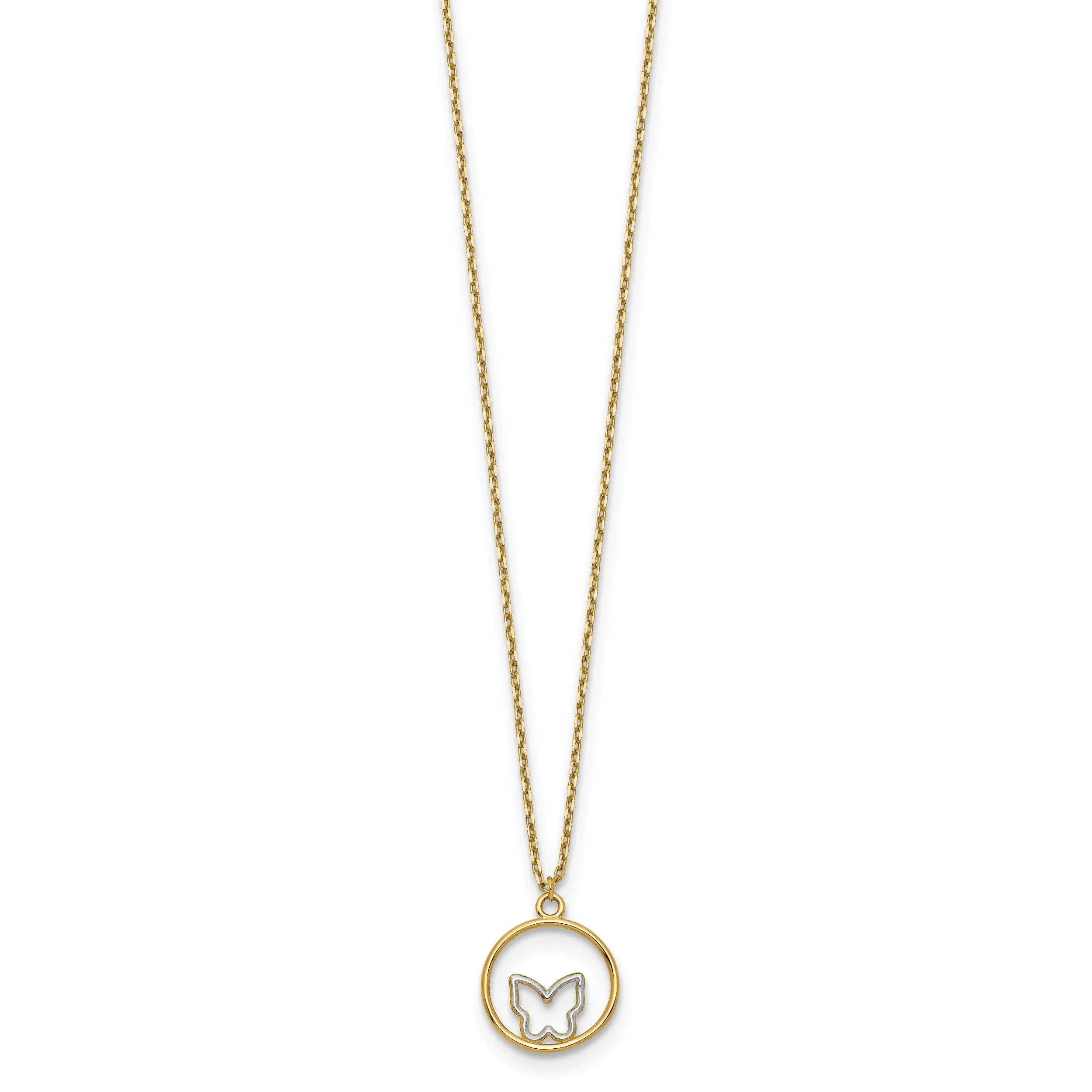14k Yellow Gold, White Rhodium Polished Finish Butterfly in Circle Design Pendant in a 18-inch Cable Chain Necklace Set
