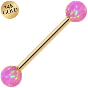 14kt Yellow Gold 5mm Pink Synthetic Opal Barbell Tongue Ring 14 Gauge 5/8