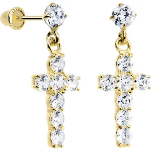 14KT Yellow Gold Clear CZ 11mm Cross Dangle Youth Earrings
