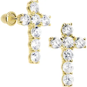 14KT Yellow Gold Clear CZ 11mm Cross Youth Screwback Earrings