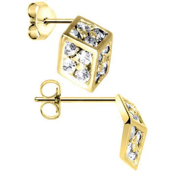 14kt Yellow Gold CZ 10mm Dice Stud Earrings