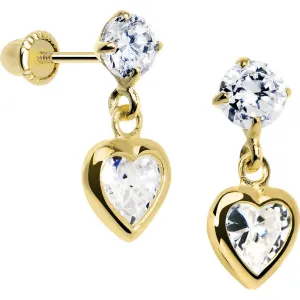 14KT Yellow Gold CZ Filled Heart Dangle Youth Screwback Earrings