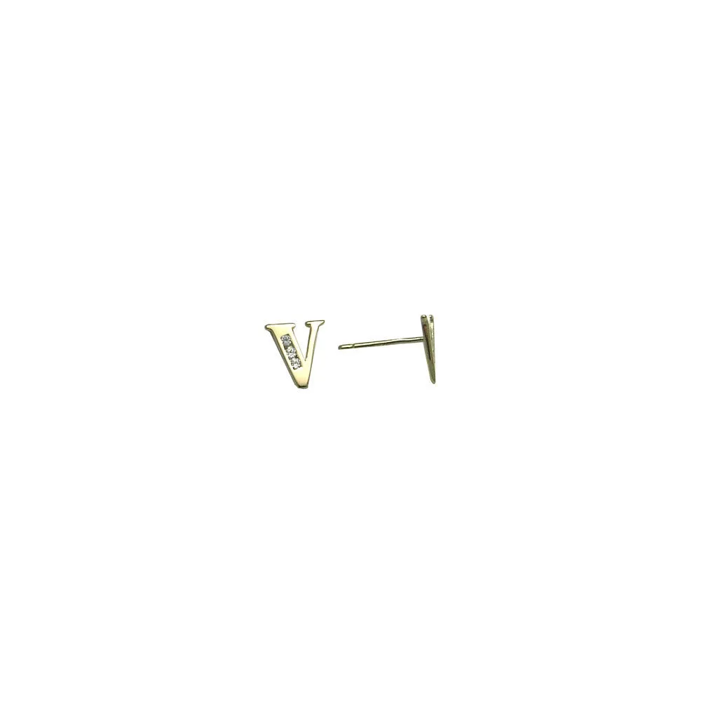 14kt Yellow Gold CZ Initial V Stud Earrings