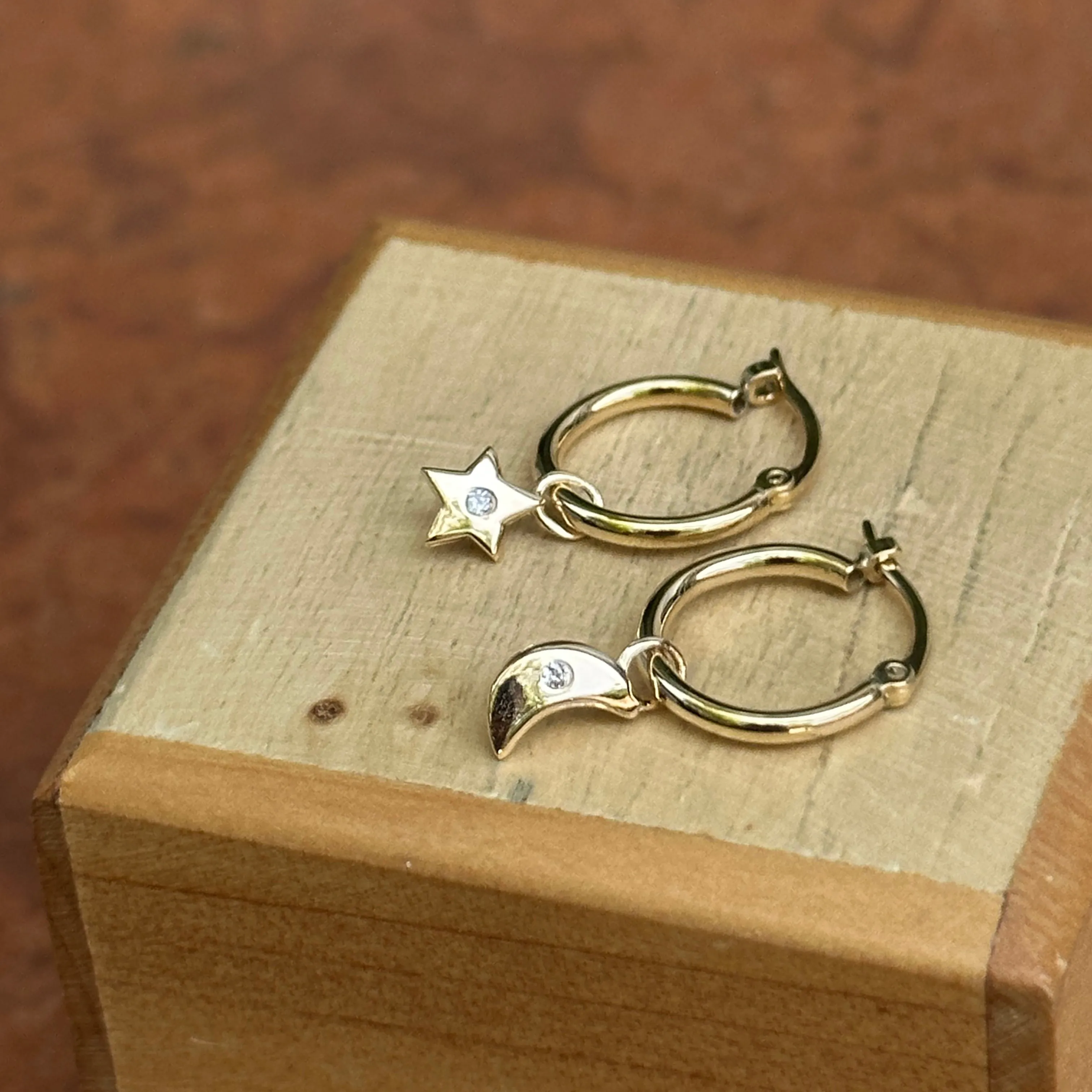 14KT Yellow Gold Diamond Moon   Star Hoop Earrings