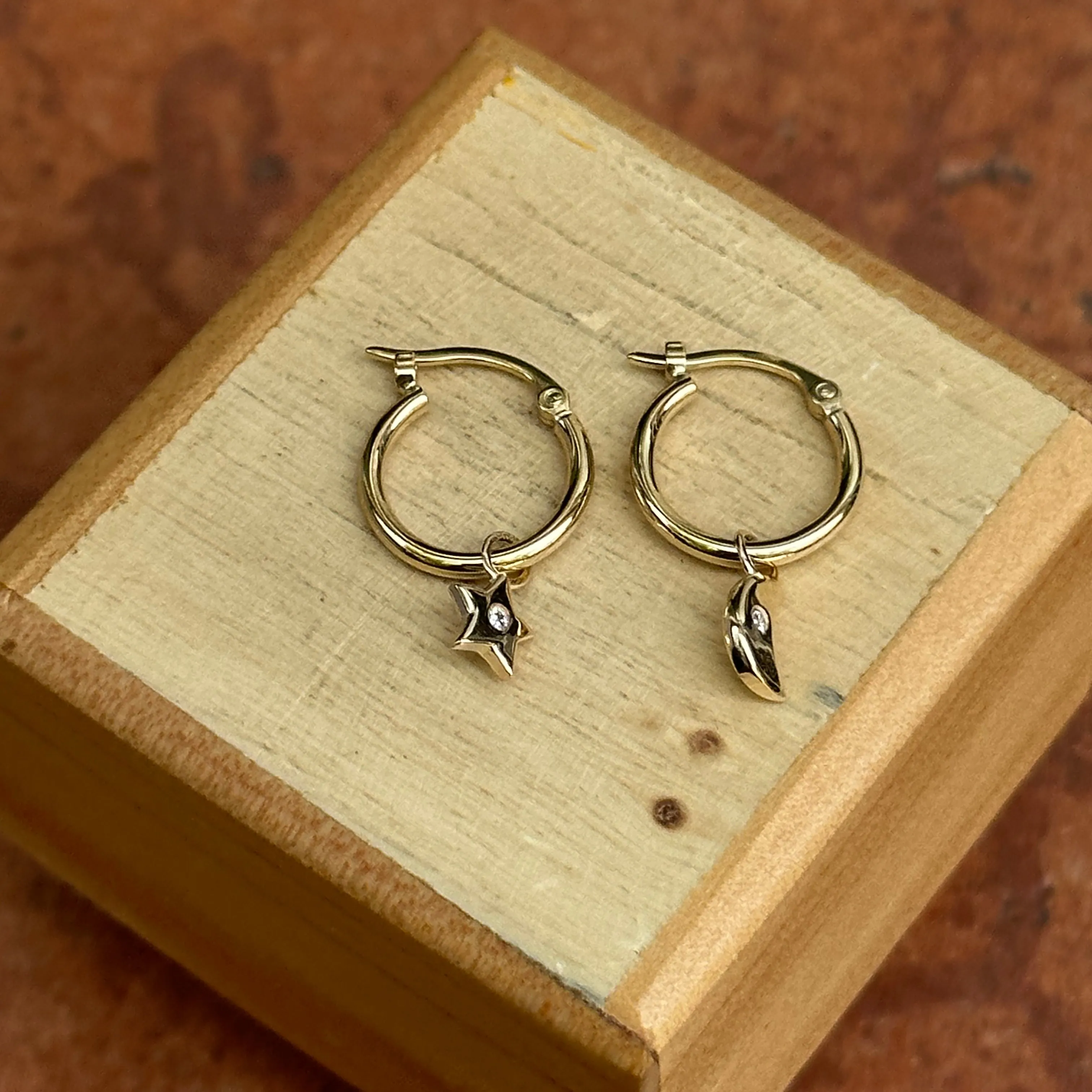 14KT Yellow Gold Diamond Moon   Star Hoop Earrings