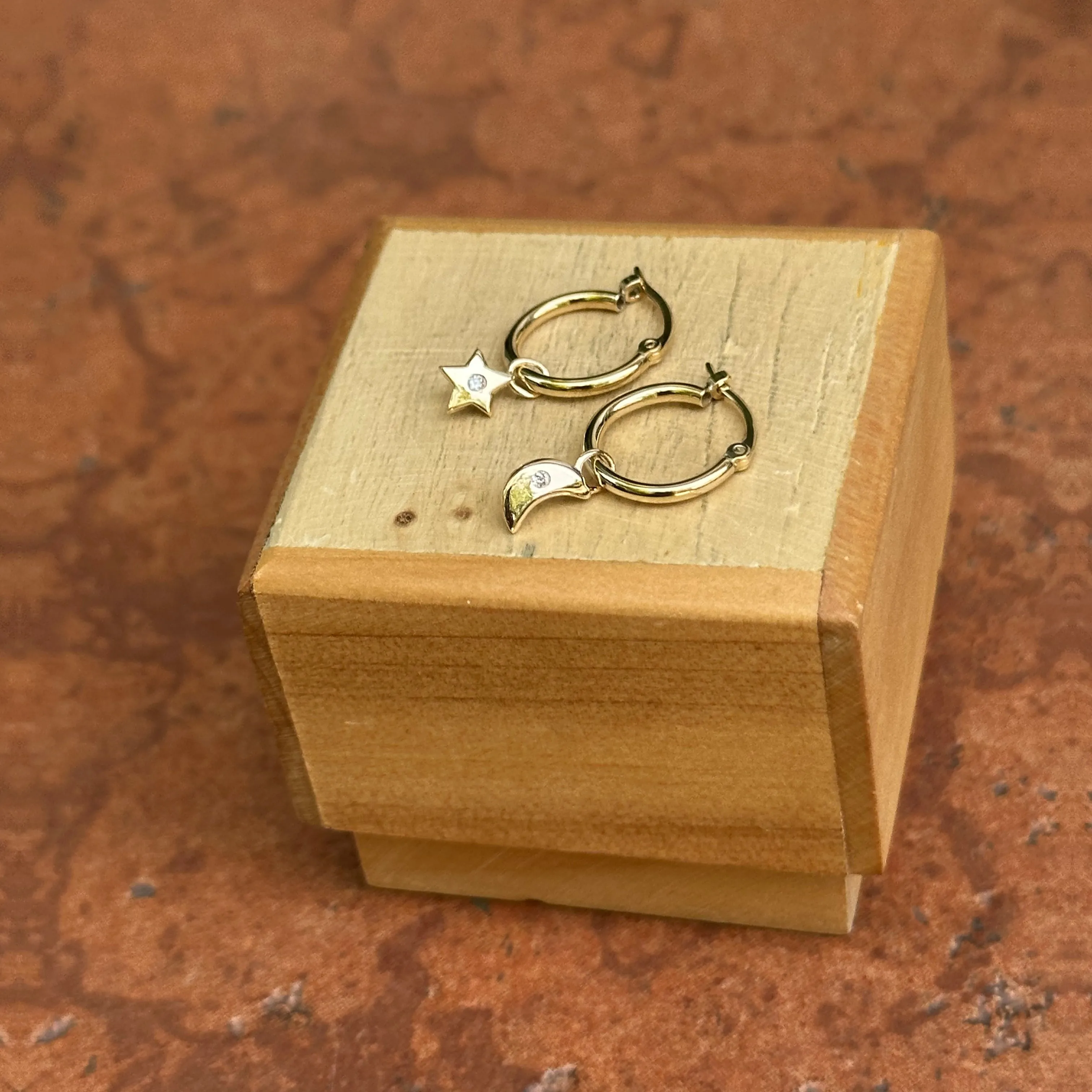 14KT Yellow Gold Diamond Moon   Star Hoop Earrings