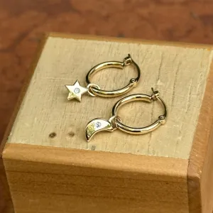 14KT Yellow Gold Diamond Moon   Star Hoop Earrings