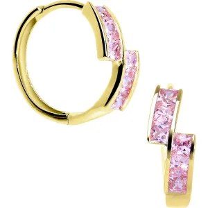 14kt Yellow Gold Pink CZ Square Huggy Earrings