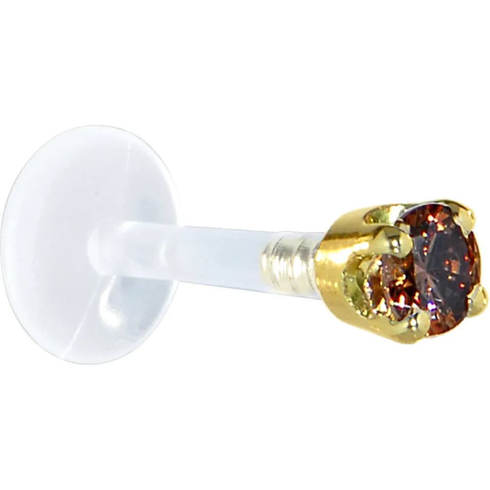 16 Gauge 5/16 Solid 14KT Yellow Gold 3mm Brown Cubic Zirconia Bioplast Tragus Earring Stud