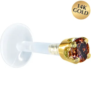 16 Gauge 5/16 Solid 14KT Yellow Gold 3mm Brown Cubic Zirconia Bioplast Tragus Earring Stud