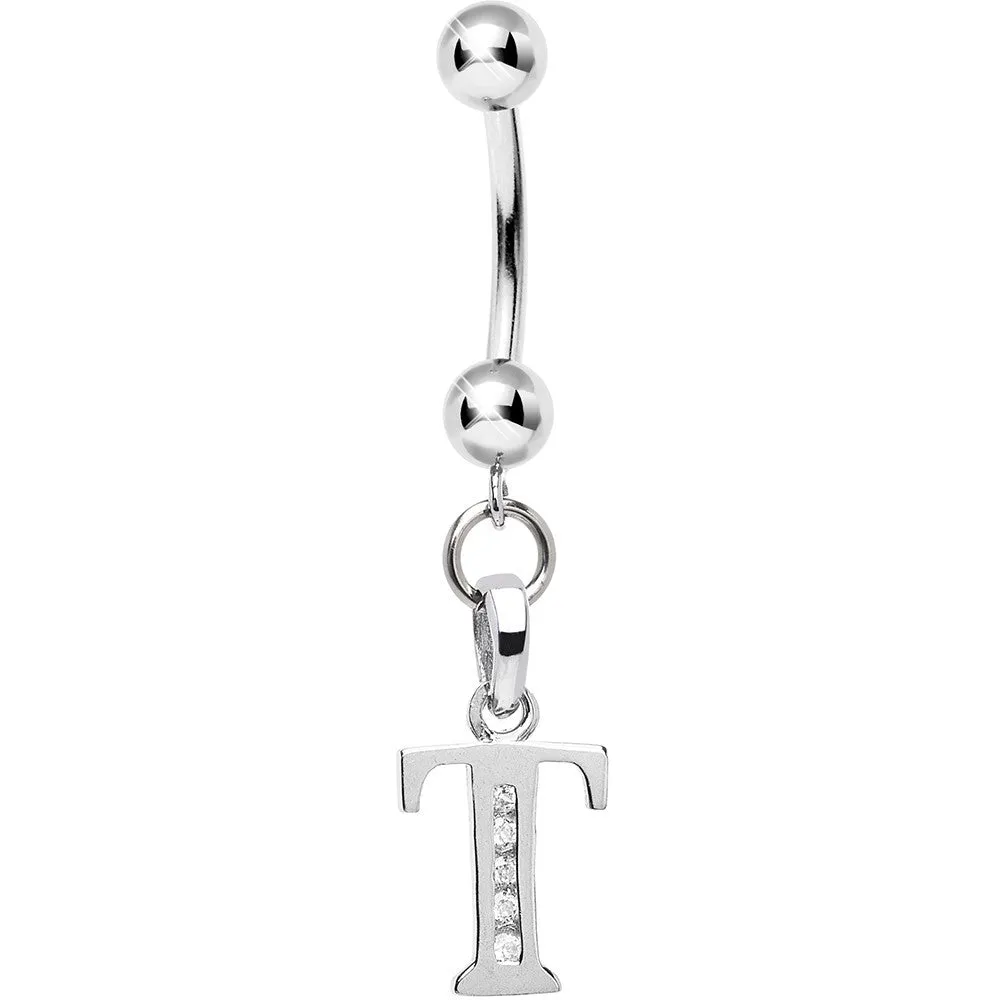 16 Gauge Solid 14kt White Gold CZ Initial T Belly Ring