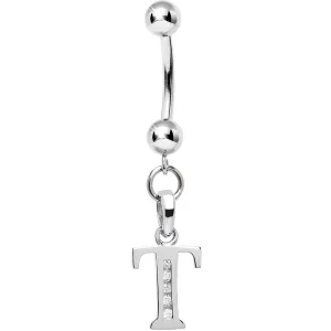 16 Gauge Solid 14kt White Gold CZ Initial T Belly Ring