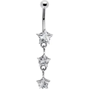 16 Gauge Solid 14kt White Gold Zirconia Trio Star Belly Ring