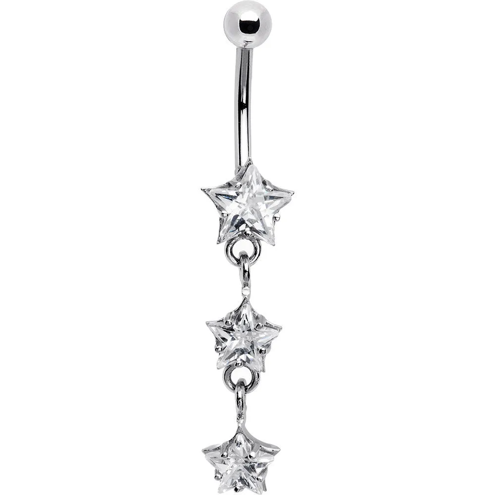 16 Gauge Solid 14kt White Gold Zirconia Trio Star Belly Ring