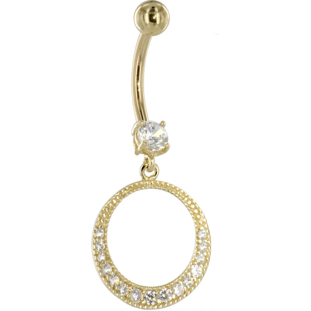 16 Gauge Solid 14KT Yellow Gold Cubic Zirconia EXOTIC CIRCULAR Dangle Belly Ring