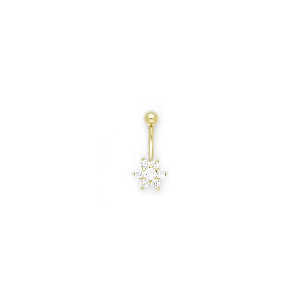 16 Gauge Solid 14kt Yellow Gold Cubic Zirconia Flower Belly Ring