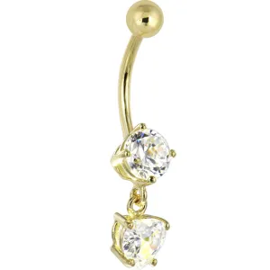 16 Gauge Solid 14kt Yellow Gold Cubic Zirconia Solitaire Round Heart Dangle Belly Ring