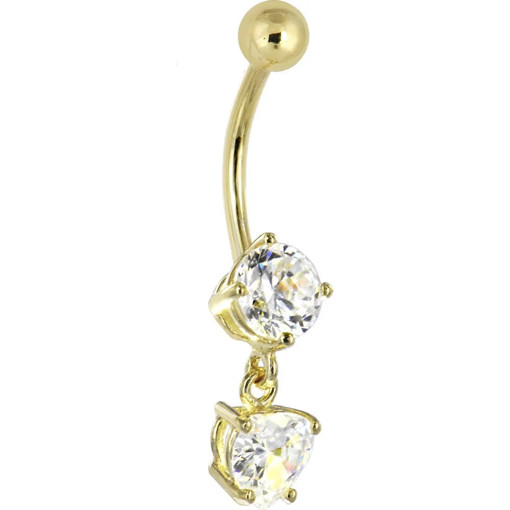 16 Gauge Solid 14kt Yellow Gold Cubic Zirconia Solitaire Round Heart Dangle Belly Ring