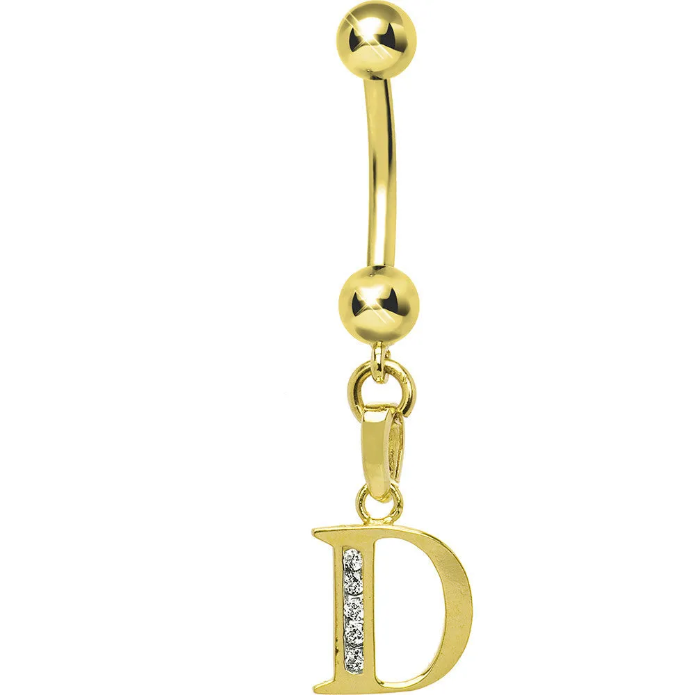 16 Gauge Solid 14kt Yellow Gold CZ Initial D Belly Ring