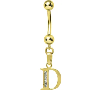 16 Gauge Solid 14kt Yellow Gold CZ Initial D Belly Ring