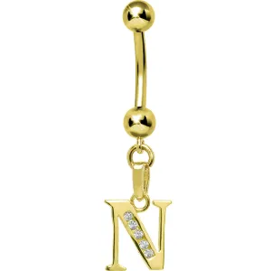 16 Gauge Solid 14kt Yellow Gold CZ Initial N Belly Ring