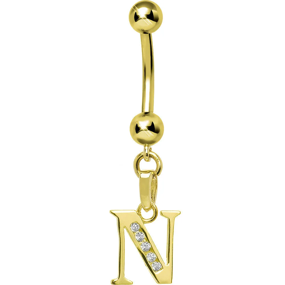 16 Gauge Solid 14kt Yellow Gold CZ Initial N Belly Ring
