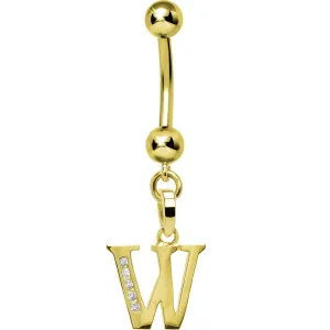 16 Gauge Solid 14kt Yellow Gold CZ Initial W Belly Ring