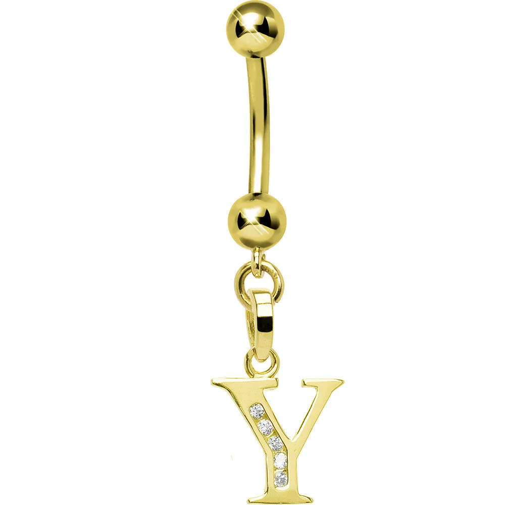 16 Gauge Solid 14kt Yellow Gold CZ Initial Y Belly Ring
