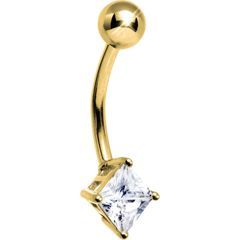 16 Gauge Solid 14kt Yellow Gold CZ Square Solitaire Belly Ring