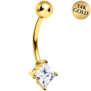 16 Gauge Solid 14kt Yellow Gold CZ Square Solitaire Belly Ring