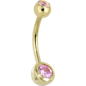 16 Gauge Solid 14kt Yellow Gold Pink Cubic Zirconia Double Gem Belly Ring