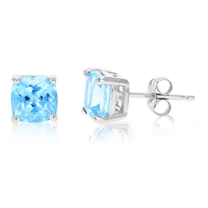 1.80 cttw 6 MM Blue Topaz Stud Earrings 14K Gold Cushion Cut with Push Backs December Birthstone