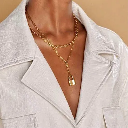 18K GOLD PAPER CLIP PADLOCK LARIAT NECKLACE