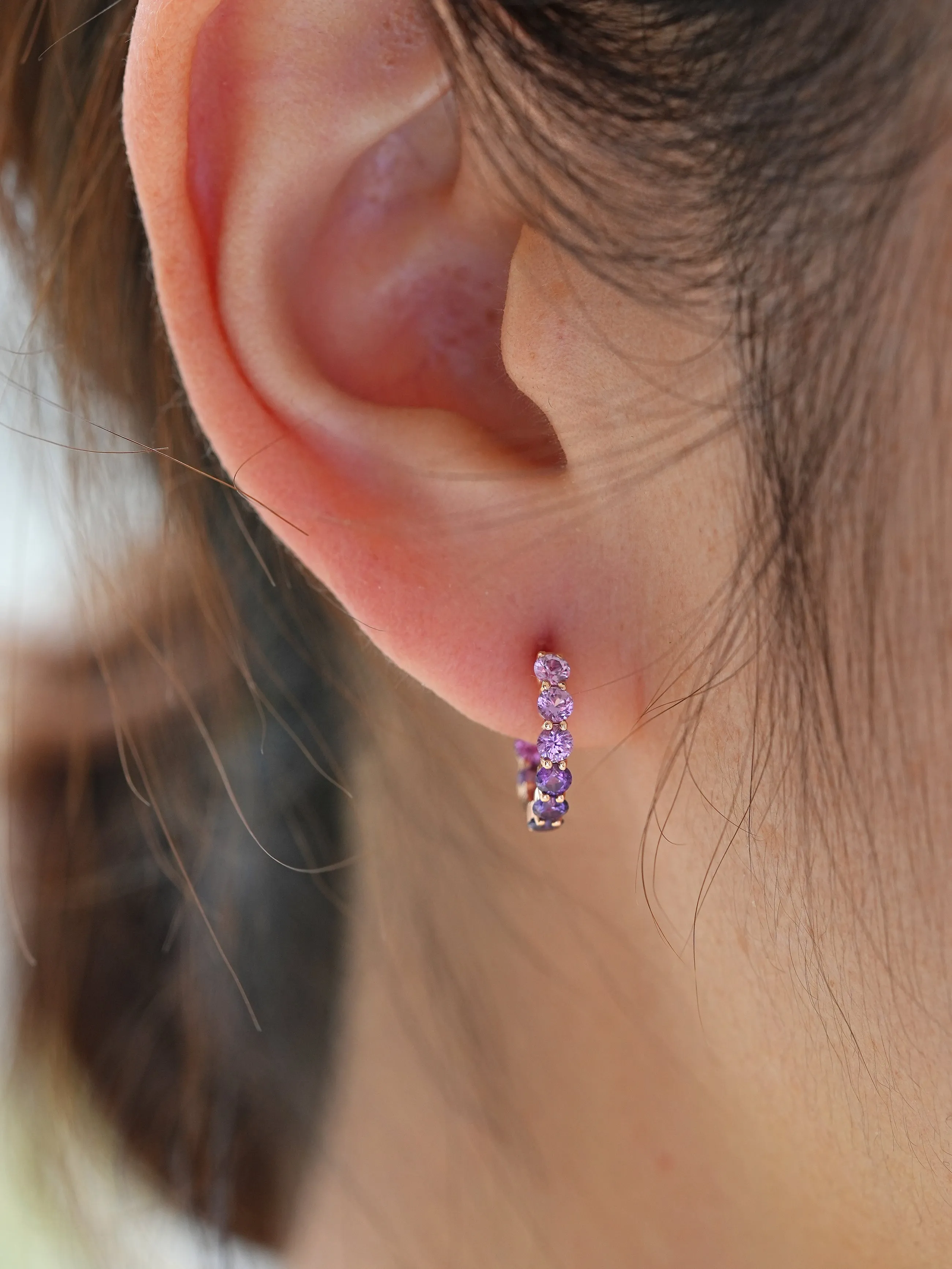 18K Gold Pink and Purple Round Cut Bubble Hoop Earrings