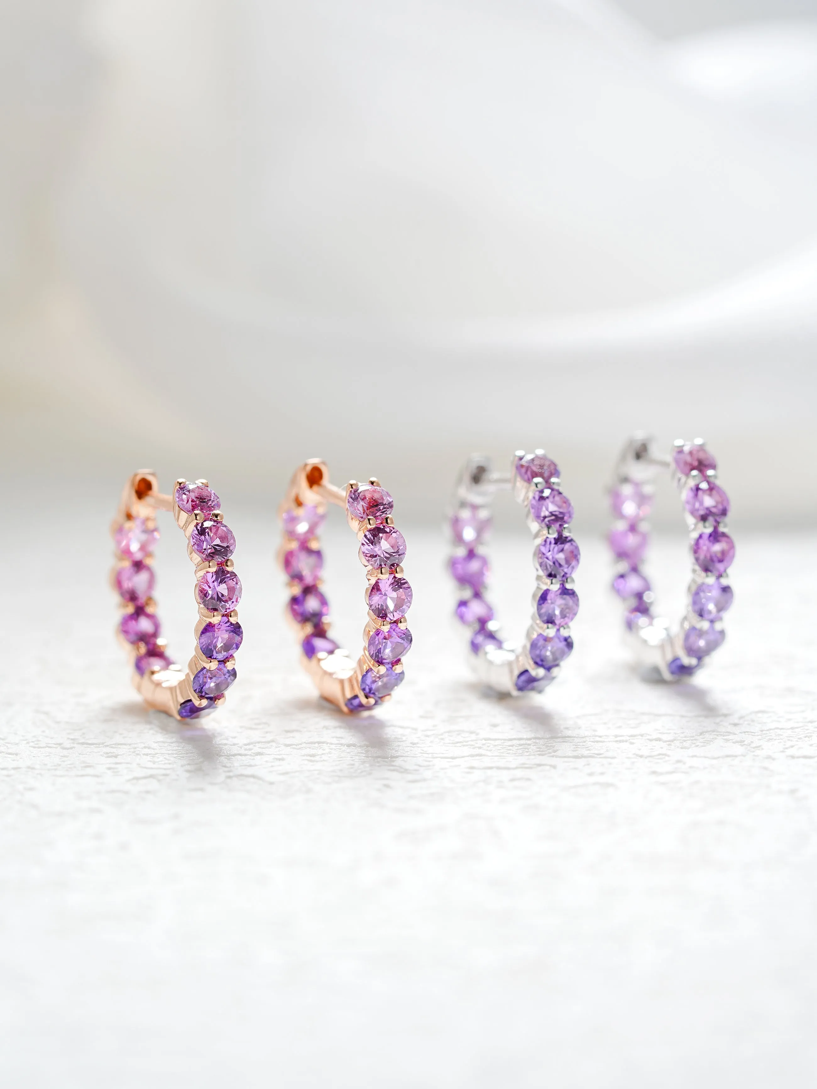 18K Gold Pink and Purple Round Cut Bubble Hoop Earrings
