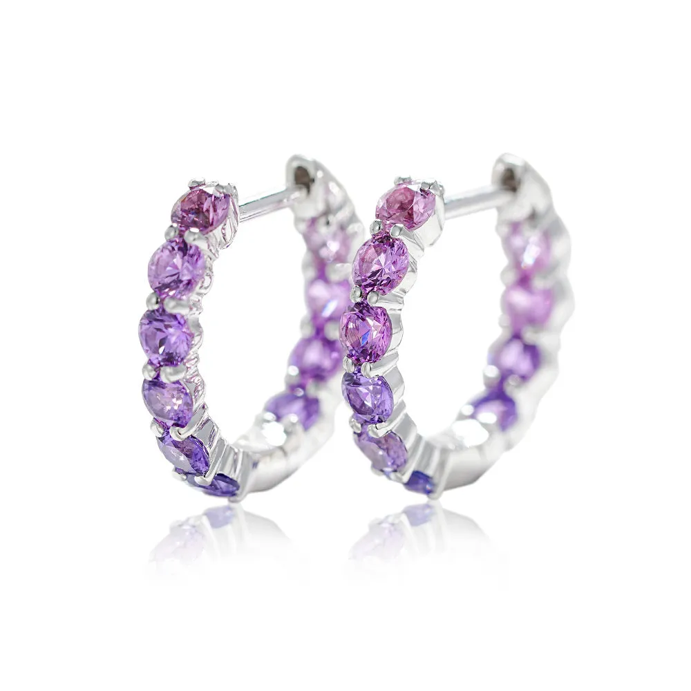 18K Gold Pink and Purple Round Cut Bubble Hoop Earrings