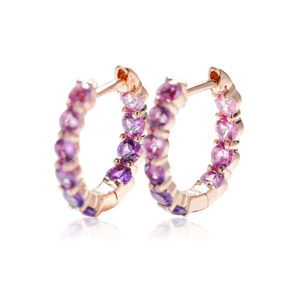 18K Gold Pink and Purple Round Cut Bubble Hoop Earrings