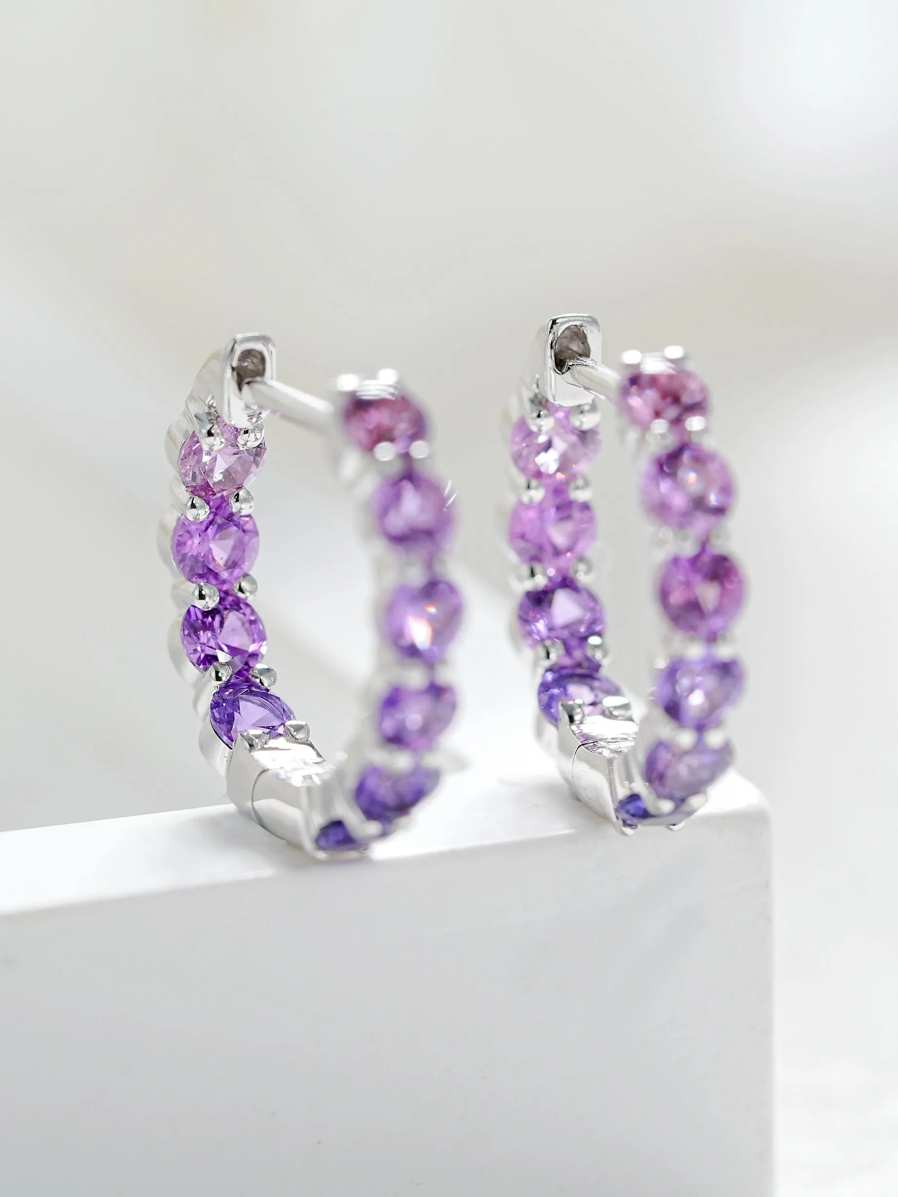 18K Gold Pink and Purple Round Cut Bubble Hoop Earrings