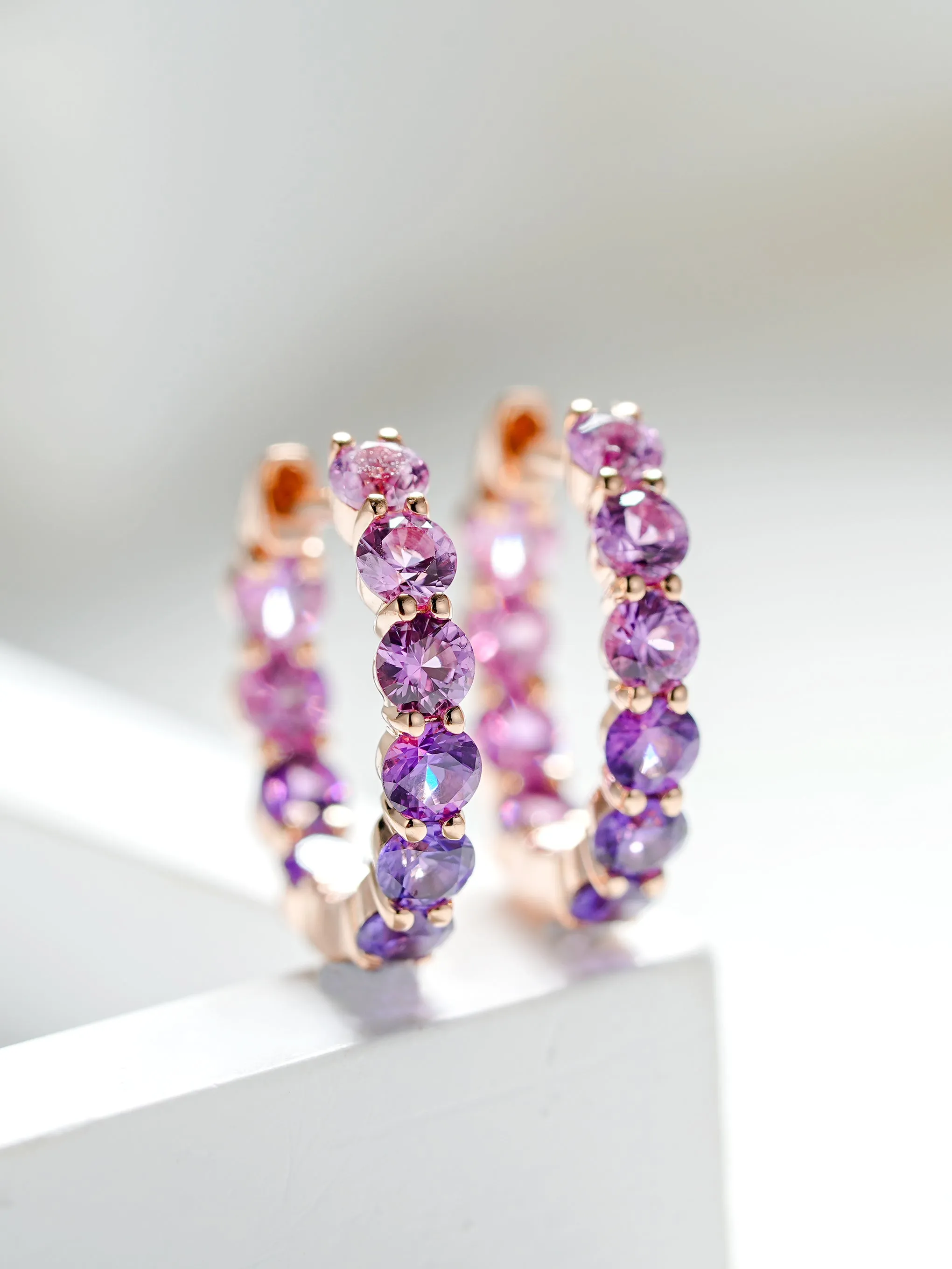 18K Gold Pink and Purple Round Cut Bubble Hoop Earrings