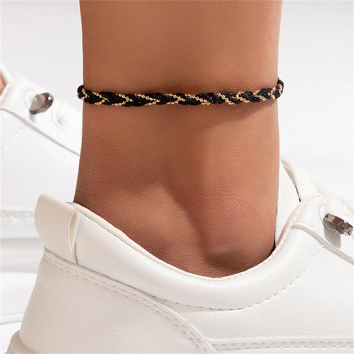 18K Gold-Plated & Black Polyster Braided Anklet