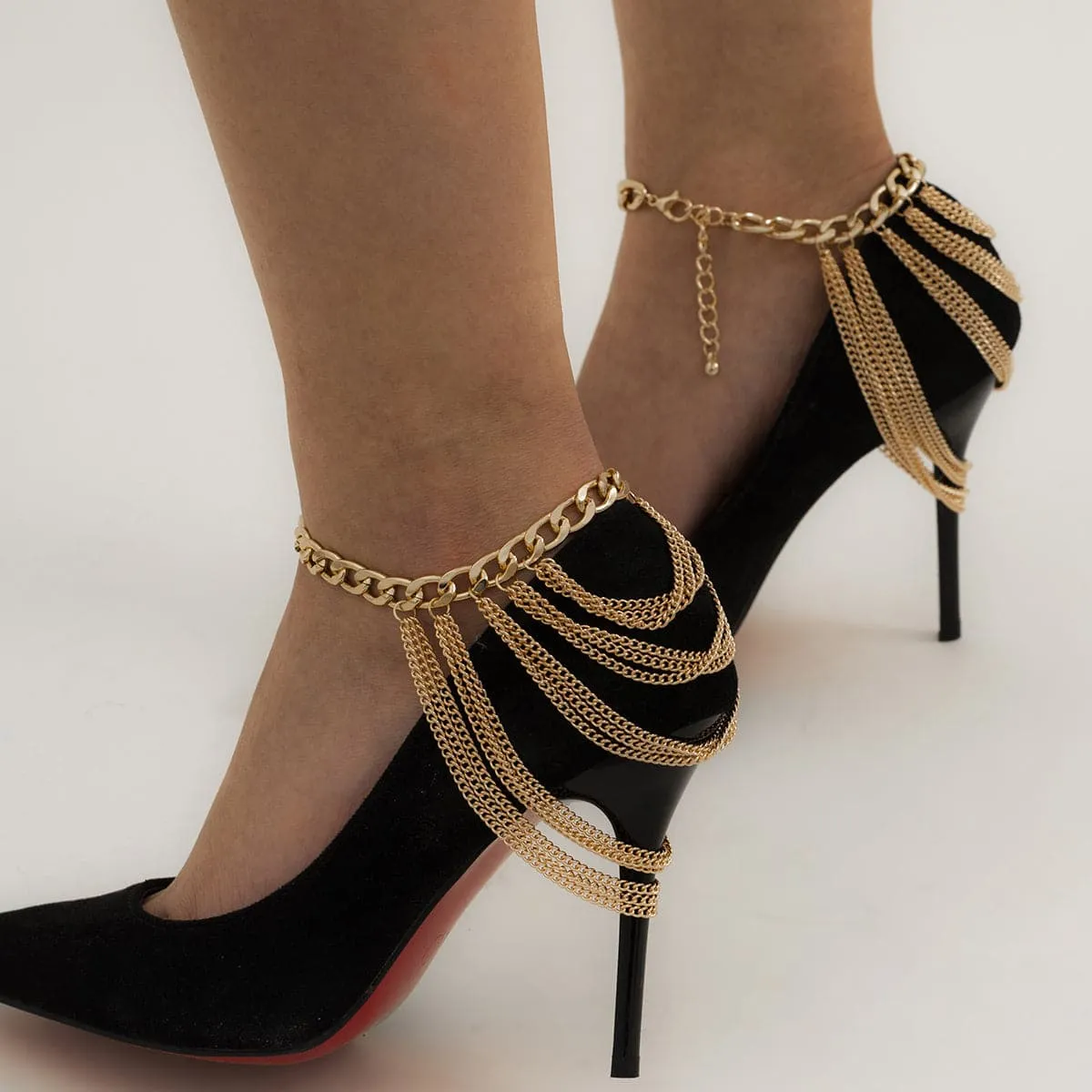 18K Gold-Plated Figaro Layered Tassel Anklet