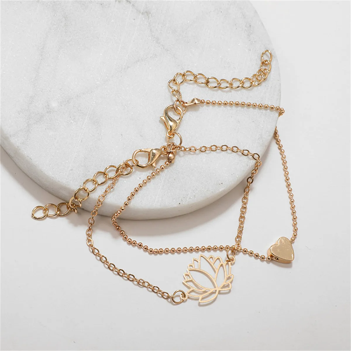18K Gold-Plated Lotus & Heart Charm Anklet Set