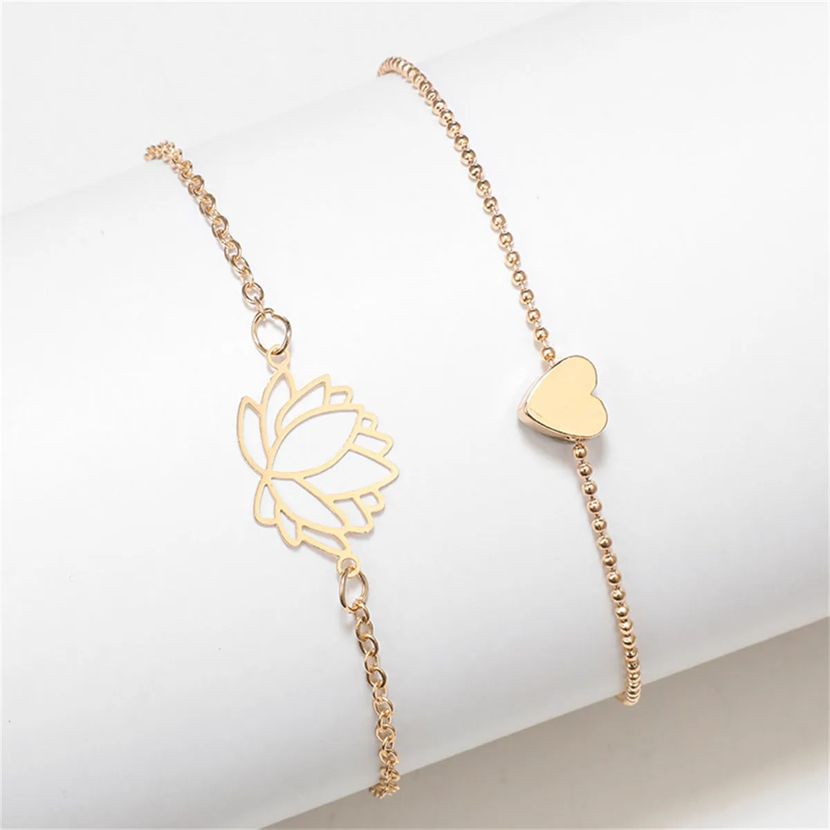 18K Gold-Plated Lotus & Heart Charm Anklet Set