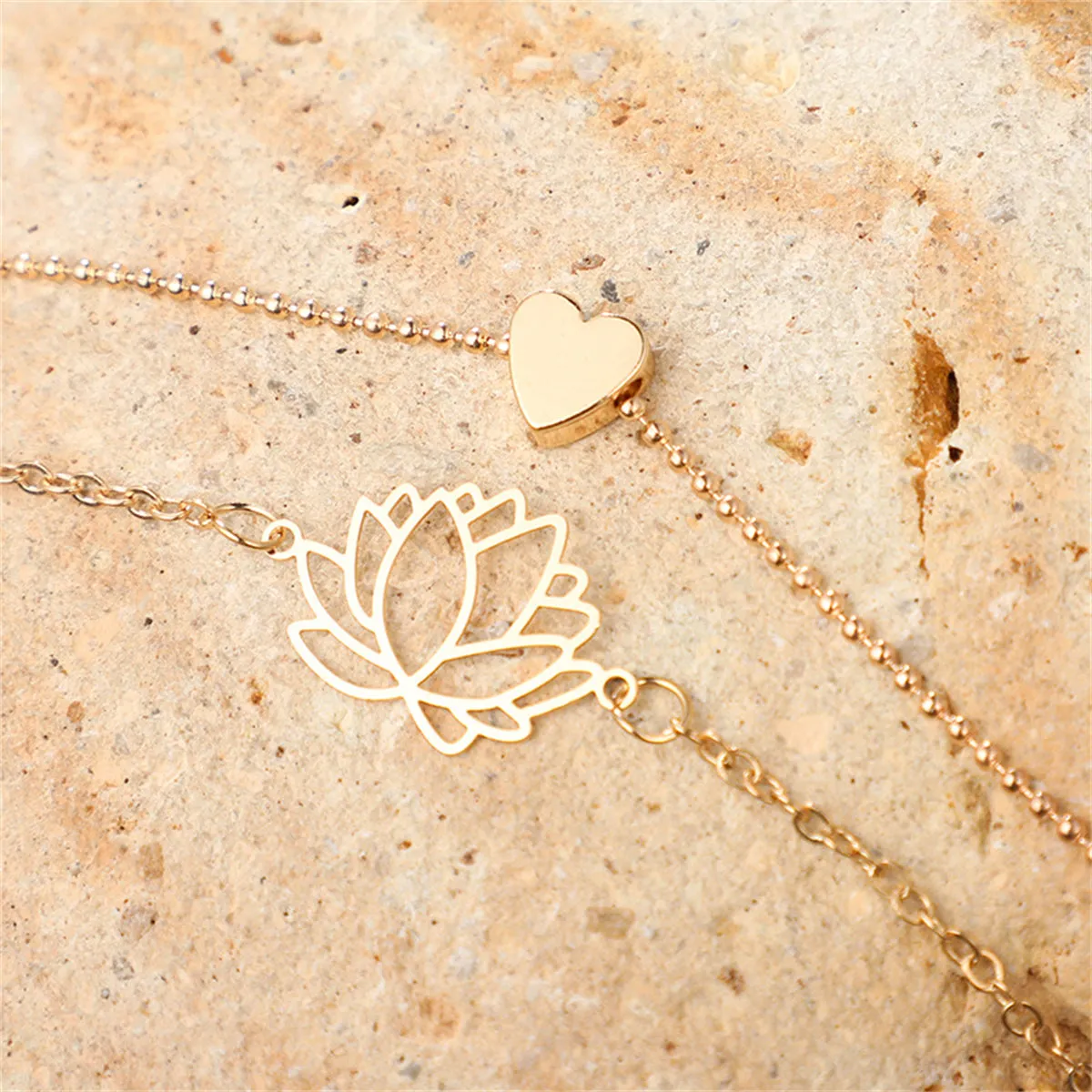 18K Gold-Plated Lotus & Heart Charm Anklet Set