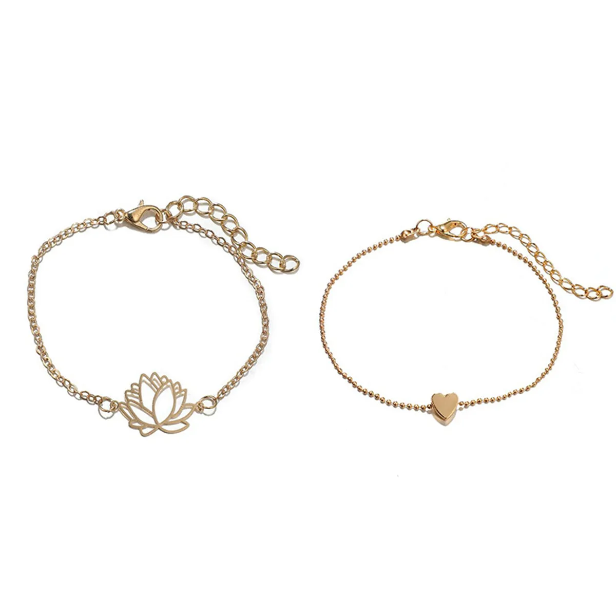 18K Gold-Plated Lotus & Heart Charm Anklet Set