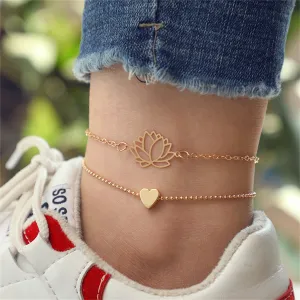 18K Gold-Plated Lotus & Heart Charm Anklet Set