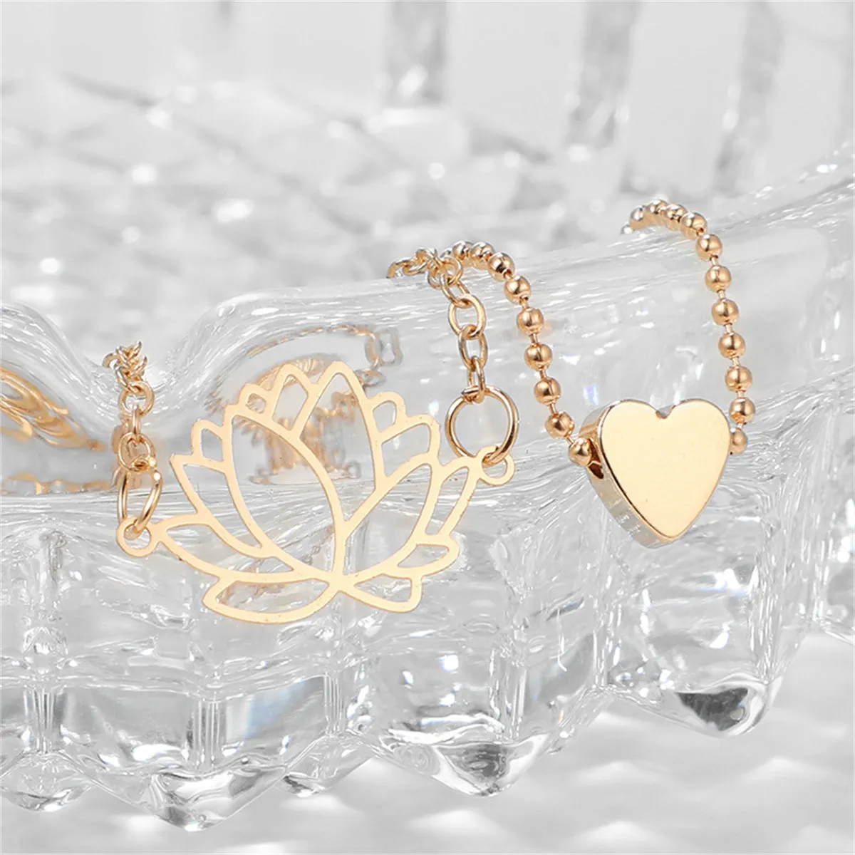 18K Gold-Plated Lotus & Heart Charm Anklet Set