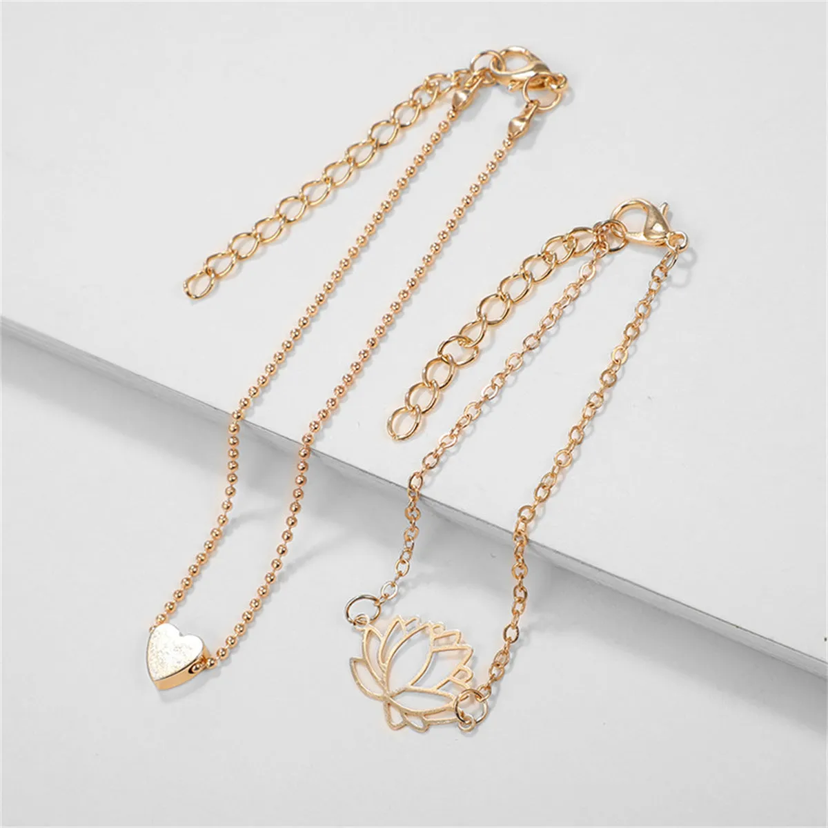 18K Gold-Plated Lotus & Heart Charm Anklet Set