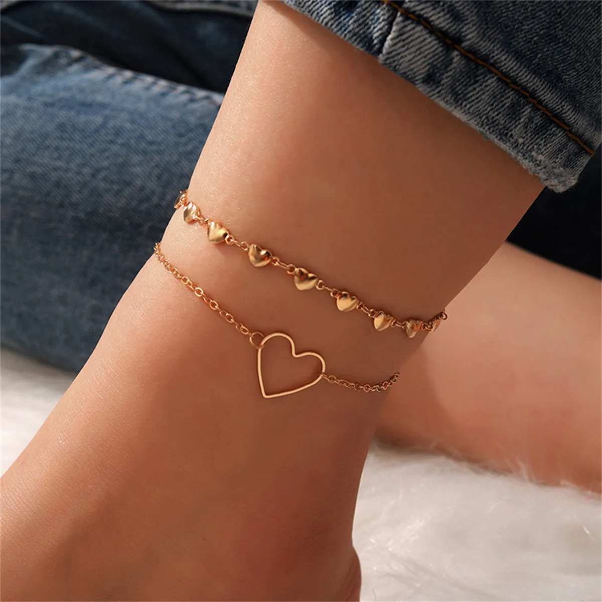 18K Gold-Plated Open Heart Charm Anklets
